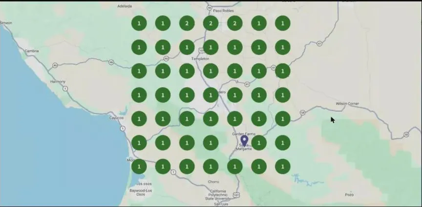 Google Maps ranking grid for pool cleaning in Atascadero after local SEO, top three across the area